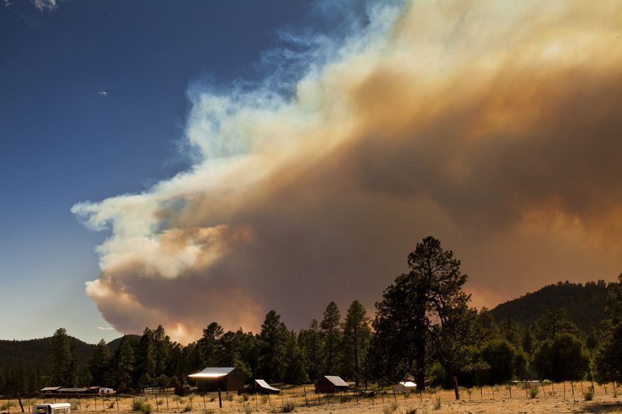 A farm in Luna, N.M., sits below the smoke column from the Wallow fire near the New Mexico-Arizona state line on Friday, June 3, 2011. (AP Photo/Arizona Republic, Jack Kurtz)
