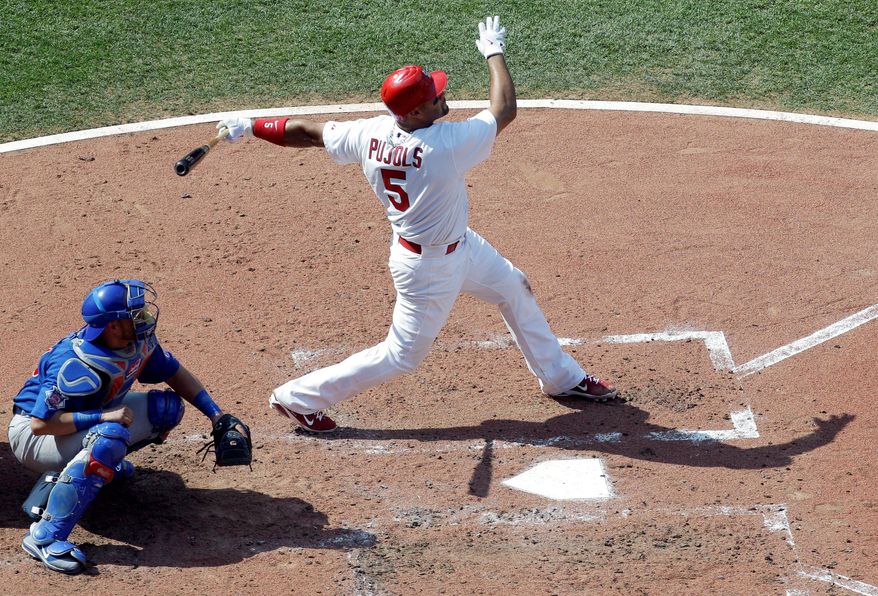 St. Louis first baseman Albert Pujols slugged four home runs in a three-game sweep of the Chicago Cubs, including game-winning blasts Saturday and Sunday. (Associated Press)