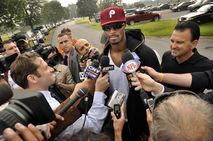 Former New York Giants star Plaxico Burress speaks to the media on June 6, 2011, moments after being released from the Oneida County Correction Facility in Rome, N.Y. (Associated Press)