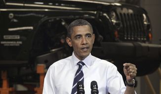 ** FILE ** President Obama speaks on June 3, 2011, in front of a Jeep Wrangler at Chrysler Group&#39;s Toledo Assembly complex in Toledo, Ohio. (Associated Press)