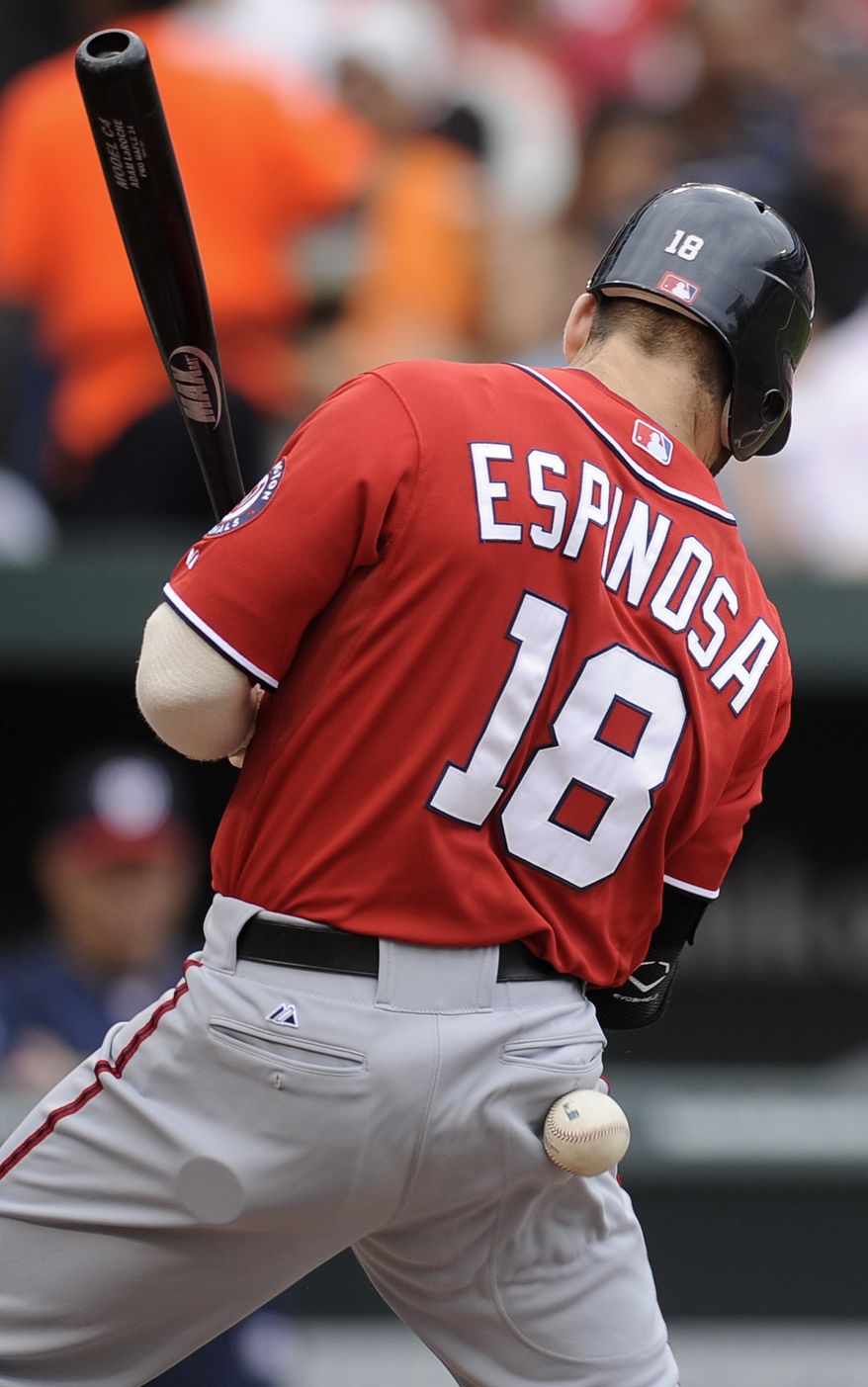 Washington Nationals' Danny Espinosa is hit by a pitch during the fourth inning of a baseball game against the Baltimore Orioles. Espinosa is the National League's leader in hit-by-pitches with 12 on the year. (AP Photo/Nick Wass)