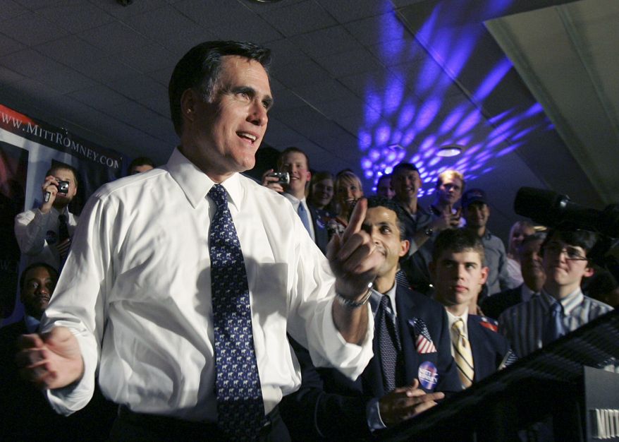 ** FILE ** In this Jan. 15, 2008, file photo, Republican presidential hopeful former Massachusetts Gov. Mitt Romney speaks to supporters after winning the Michigan primary in Southfield, Mich. Romney makes his first campaign swing through Michigan this week since officially kicking off his 2012 campaign six days ago. (AP Photo/LM Otero, File)