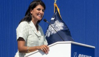 ** FILE ** South Carolina Gov. Nikki Haley speaks during the dedication of Boeing Co.&#39;s $750 million final assembly plant in North Charleston, S.C., on Friday, June 10, 2011. (AP Photo/Bruce Smith)