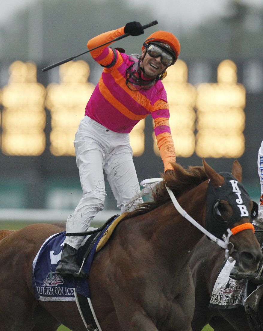 Jockey Jose Valdivia Jr. celebrates after Ruler on Ice won the Belmont Stakes horse race Saturday, June 11, 2011, at Belmont Park in Elmont, N.Y. (AP Photo/Frank Franklin II)