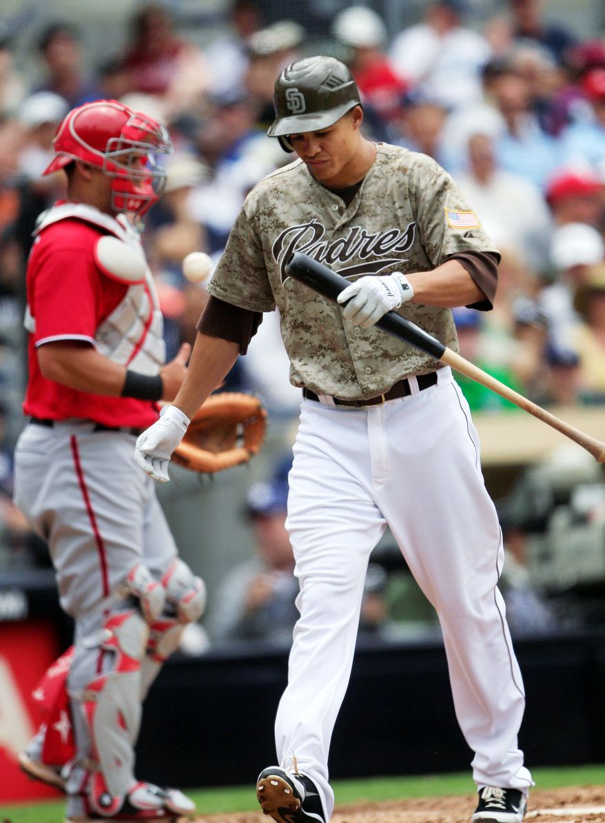 ASSOCIATED PRESS
San Diego's Will Venable heads back to the dugout after striking out during the fourth inning. Jordan Zimmermann fanned 10 in seven innings.