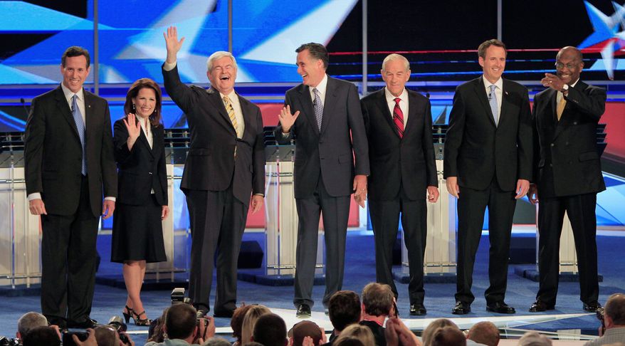Republican candidates for President gather before the start of their June 13 debate in New Hampshire. (Associated Press)