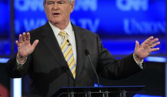 Former House Speaker Newt Gingrich speaks during the first New Hampshire Republican presidential debate at St. Anselm College in Manchester, N.H., Monday, June 13, 2011. (AP Photo/Jim Cole)