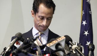 ** FILE ** Rep. Anthony D. Weiner announces his resignation from Congress on June 16, 2011, in the Brooklyn borough of New York. Mr. Weiner said he could not continue in office amid the intense controversy surrounding sexually explicit messages he sent online to several women. (Associated Press)