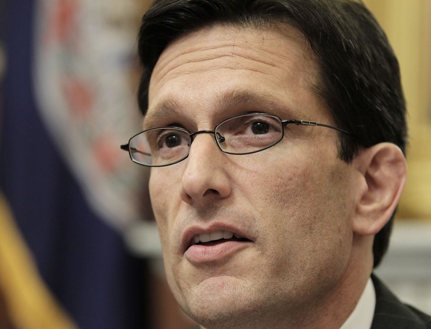 **FILE** House Majority Leader Eric Cantor, Virginia Republican, meets with reporters in his office at the Capitol in Washington, on June 13, 2011. (Associated Press)