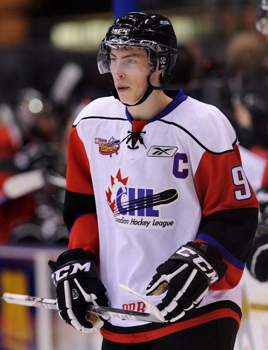 FILE - This Jan. 19, 2011 file photo shows Team Orr forward Ryan Nugent-Hopkins during the second period of a Canadian Hockey League top prospects hockey game against Team Cherry, in Toronto. The Edmonton Oilers selected Nugent-Hopkins with the first overall pick in the NHL Draft. (AP Photo/The Canadian Press, Nathan Denette, File)