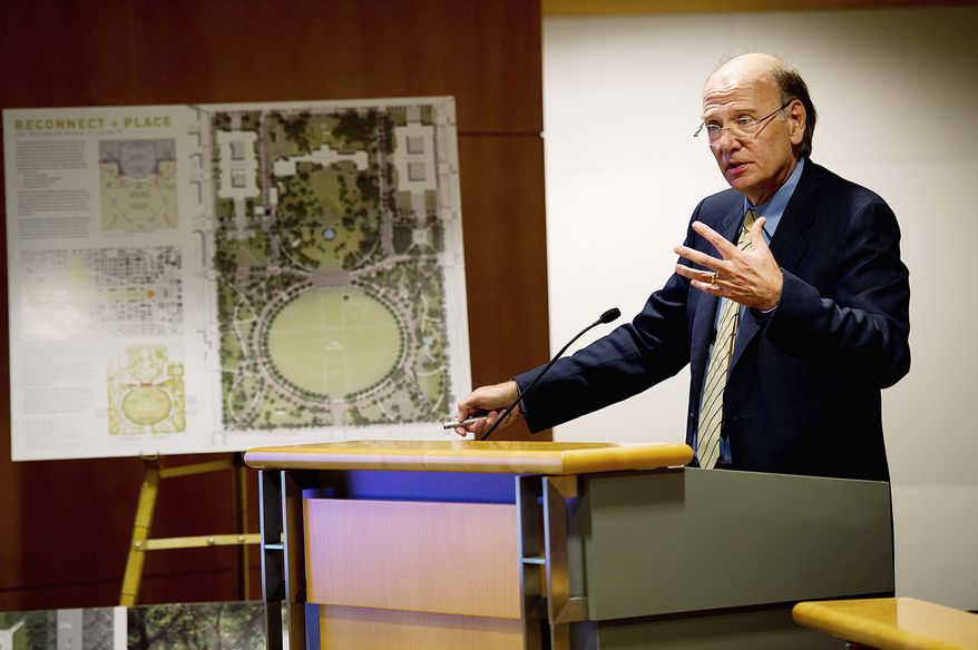 Barbara L. Salisbury/The Washington Times
Alan Ward with Sasaki Associates, a Watertown, Mass.-based architectural-design firm, presents his company's plans for a new design for President's Park South, also known as the Ellipse, to the National Capital Planning Commission on Tuesday. Five design firms from around the country were selected to present designs.