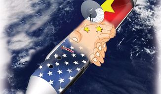Illustration: U.S. and China in space by John Camejo for The Washington Times