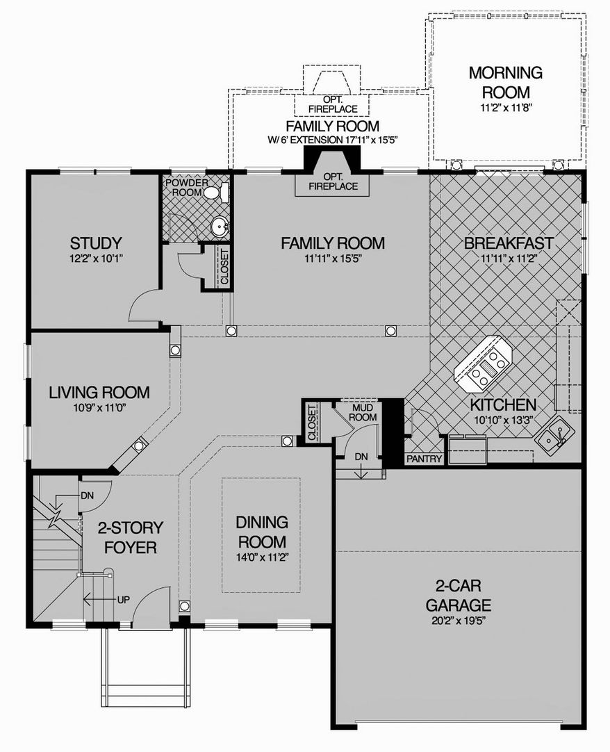 The main level of the Piedmont model has a study, family room and kitchen across the back of the home. Buyers can add a morning room, a family-room extension and a fireplace to this area.