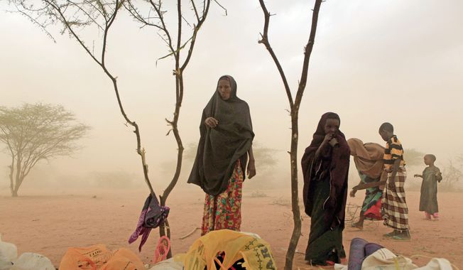 Members of Rage Mohamed&#x27;s family are overtaken by a dust storm as they try to build a makeshift shelter on the outskirts of the world&#x27;s largest refugee camp in Dadaab, Kenya, this month. It took the 15-member family five days to walk to the camp from their drought-stricken home in Somalia. (Associated Press)