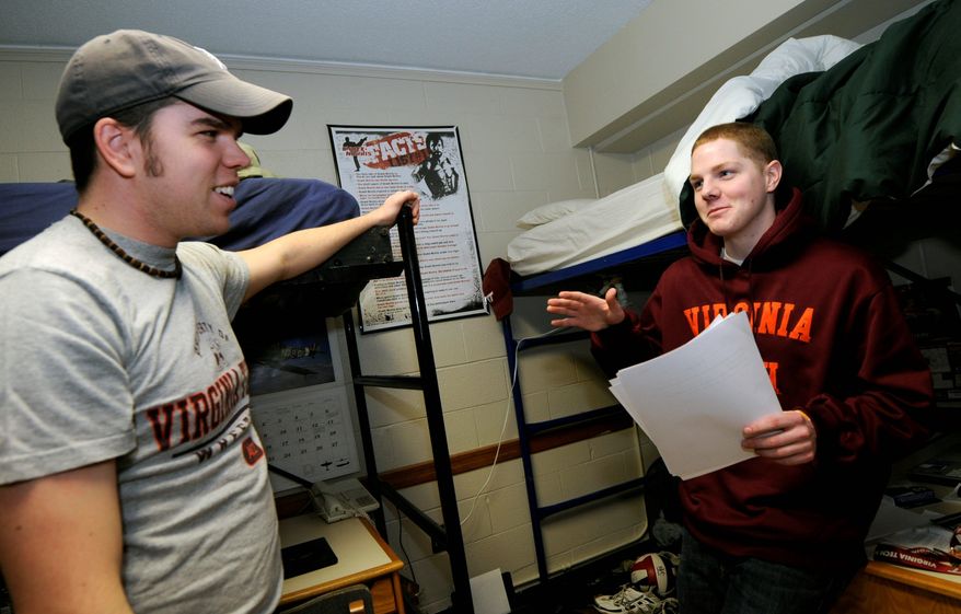 Virginia Tech senior and resident adviser David Dorsett (left) visits with fellow student Matt Londrey. Virginia Tech, among many other public colleges and universities, is raising tuition rates this fall. (Associated Press)