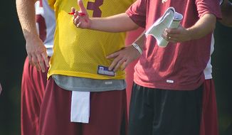 Washington Redskins Offensive Coordinator Kyle Shanahan (right) talks with quarterback John Beck (3) during the first day of training camp at Redskins Park in Ashburn, Va., Friday, July 29, 2011. (Rod Lamkey Jr./The Washington Times)