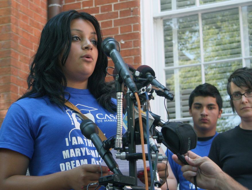 Silver Spring resident Wendy Hercules, 16, speaks in support of a lawsuit filed by immigrant advocacy group Casa de Maryland that claims elections officials erroneously validated many signatures that helped send Maryland's Dream Act to referendum. The law would allow some illegal immigrants to receive tuition breaks. (Associated Press)