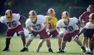 ROD LAMKEY JR./THE WASHINGTON TIMES
Quarterback John Beck (3) takes the snap while being guarded by Will Montgomery (63) and Kory Lichtensteiger (78) during practice Friday at Redskins Park.