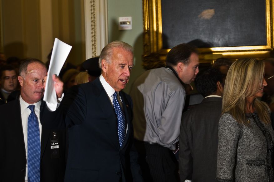 Vice President Joseph R. Biden Jr., arrives Aug. 1, 2011, on Capitol Hill to meet with Democratic lawmakers to discuss the debt plan. (Drew Angerer/The Washington Times)