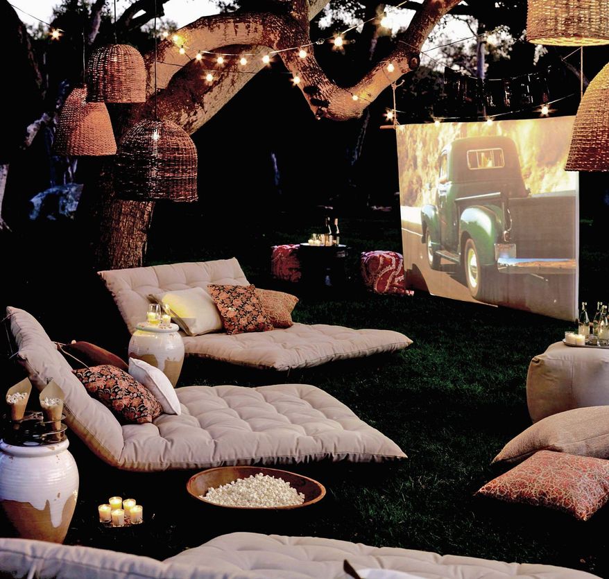 Photograph Courtesy of Pottery Barn
An old-fashioned drive-in is no match for today's well-appointed backyard viewing area .