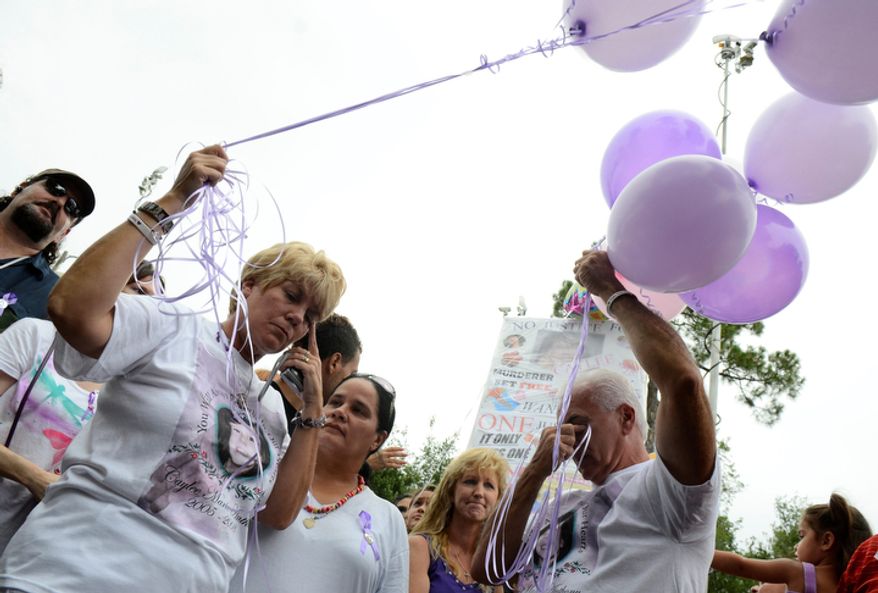 Cindy Anthony, second from left, and George Anthony, second from right, wipe away tears during a memorial ceremony at the site where the body of their granddaughter Caylee Anthony was found on what would have been her sixth birthday in Orlando, Fla., Tuesday, Aug. 9, 2011. Their daughter Casey Anthony was acquitted of the most serious charges related to the death of her daughter Caylee Anthony. (AP Photo/Phelan M. Ebenhack)