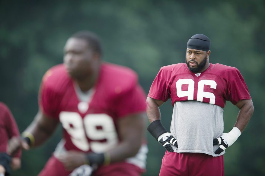 Redskins quarterback Rex Grossman (8) says he expects to play into the second quarter against the Pittsburgh Steelers on Friday night. Grossman started the final three games last season.Rod Lamkey Jr./The Washington Times
Defensive lineman Barry Cofield (96) is one of four projected new starters on defense. Defensive end Stephen Bowen, corenerback Josh Wilson and safety Oshiomogho Atogwe round out the quartet.