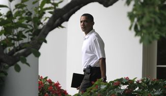 ** FILE ** President Barack Obama leaves the Oval Office of the White House in Washington Saturday, Aug. 13, 2011, on his way to play golf at Andrews Air Force Base. (AP Photo/Jacquelyn Martin)