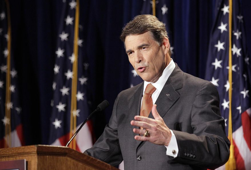 Texas Gov. Rick Perry speaks during the RedState Gathering, a meeting of conservative activists, where he announced his run for president in 2012, in Charleston, S.C., Saturday, Aug. 13, 2011. (AP Photo/Gerry Broome)