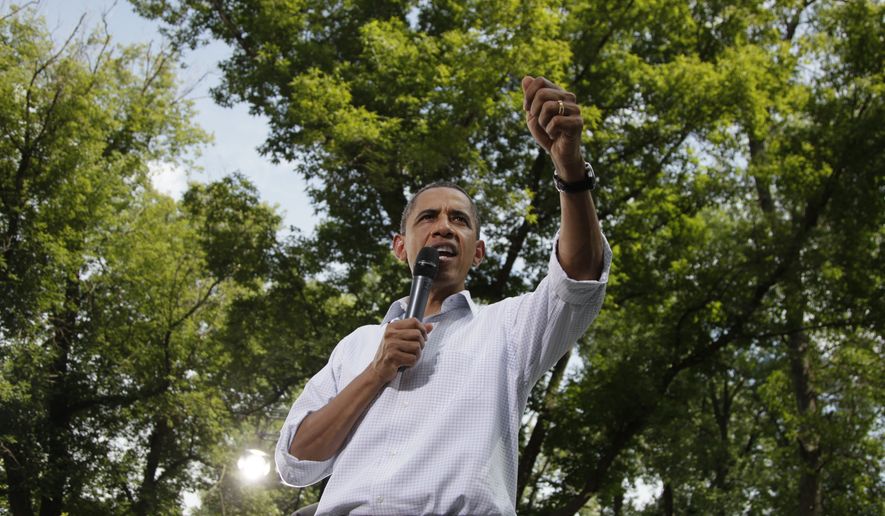President Obama speaks Aug. 15, 2011, during a town hall meeting at Lower Hannah&#x27;s Bend Park in Cannon Falls, Minn., during his three-day bus tour devoted to the economy. (Associated Press)