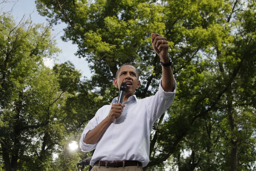 President Obama speaks Aug. 15, 2011, during a town hall meeting at Lower Hannah&#x27;s Bend Park in Cannon Falls, Minn., during his three-day bus tour devoted to the economy. (Associated Press)