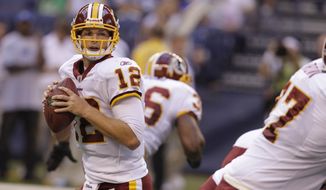 Washington Redskins QB John Beck (12) completed 14 of 17 passes for 140 yards and no touchdowns or interceptions in the Redskins&#39; preseason 16-3 victory over the Indianapolis Colts on Aug. 1, 2011. (Associated Press)