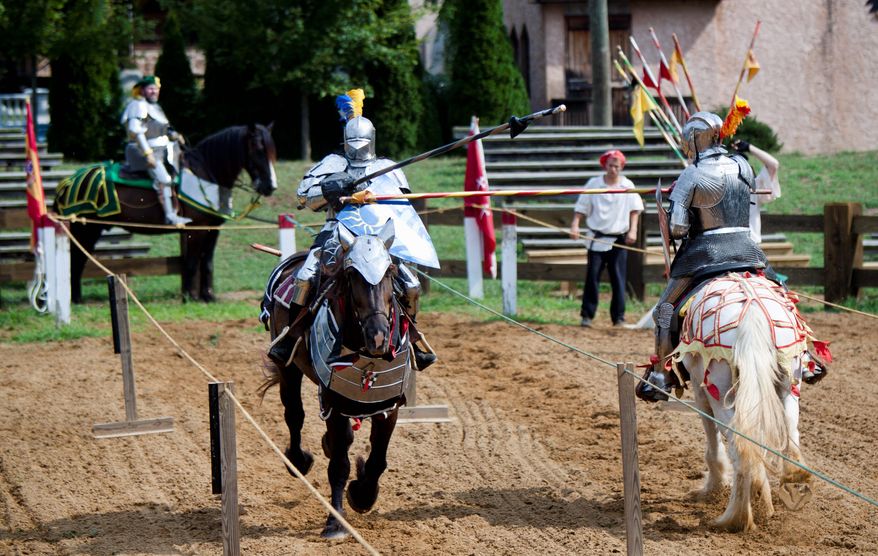 Roy Cox (right) and the Free Lancers jousting team from Nashville, Tenn., rehearse Sunday for the Maryland Renaissance Festival, which starts Saturday in Crownsville. (Pratik Shah/The Washington Times)