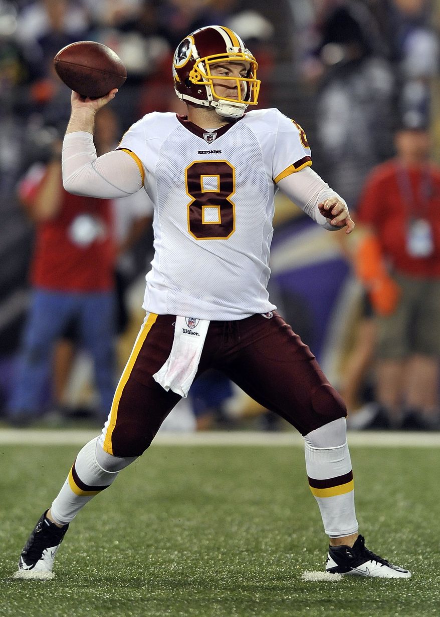 Washington Redskins quarterback Rex Grossman throws during the first half against the Baltimore Ravens on Thursday, Aug. 25. (AP Photo/Gail Burton)