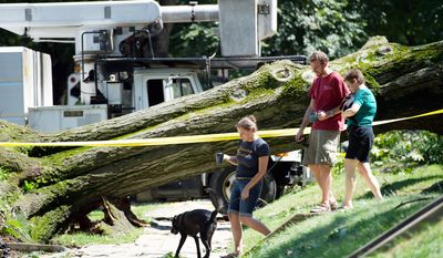 Neighbor Lisa Gelhaus (right) talks to D.C. resident Kevin Gibbons and his wife, Ashley Domm, on Sunday after a tree damaged the couple&#39;s apartment building in Glover Park. (Andrew Harnik/The Washington Times)
