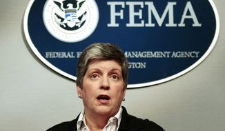 Homeland Security Secretary Janet Napolitano speaks about the impact of Hurricane Irene at FEMA Headquarters in Washington, Sunday, Aug., 28, 2011. Napolitano said President Obama instructed administration officials to continue to be aggressive in their efforts to deal with the storm and its aftermath. (AP Photo/Pablo Martinez Monsivais)
