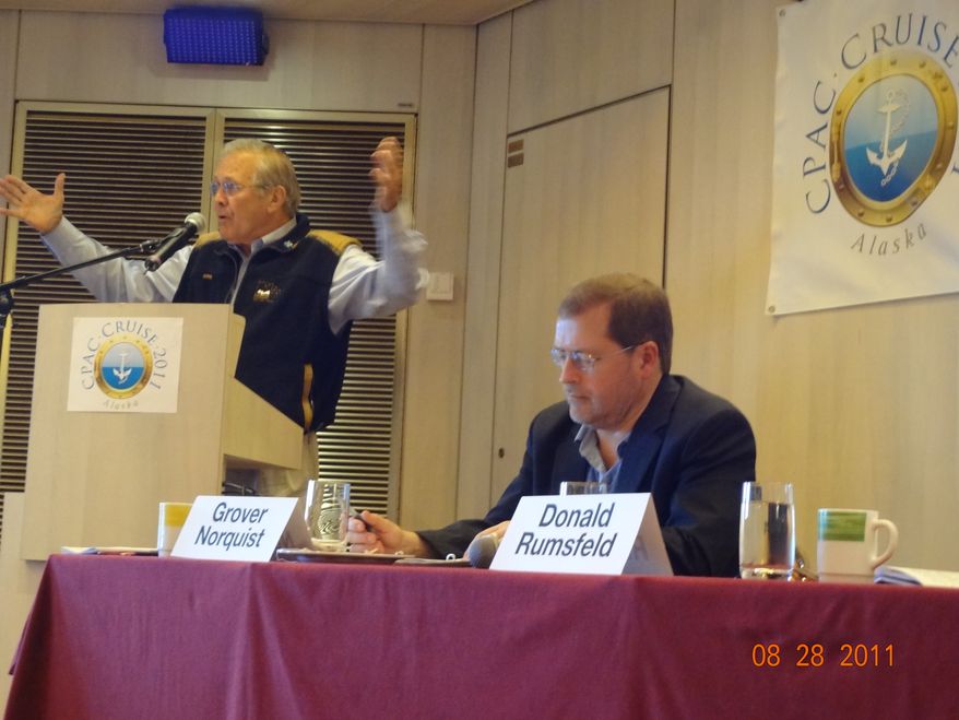 Donald H. Rumsfeld (left), secretary of defense in the George W. Bush administration, and Grover Norquist, president of Americans for Tax Reform, participate in a CPAC Cruise 2011 event. (Emily Miller/The Washington Times)