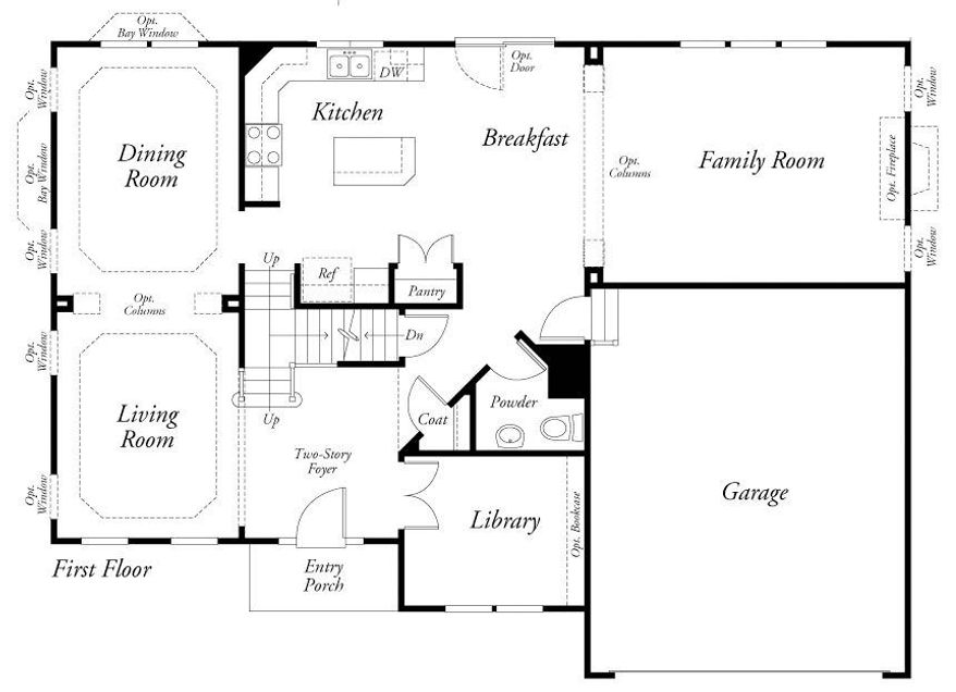 The Amherst model includes a family room with optional columns that opens into a breakfast area with an adjacent center-island kitchen. This model also has a library, a formal dining room and a formal living room on the main level.