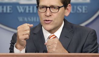 White House press secretary Jay Carney responds during a press briefing at the White House on Sept. 1, 2011, to questions about the flap over the timing of President Obama&#39;s address to Congress next week. (Associated Press)