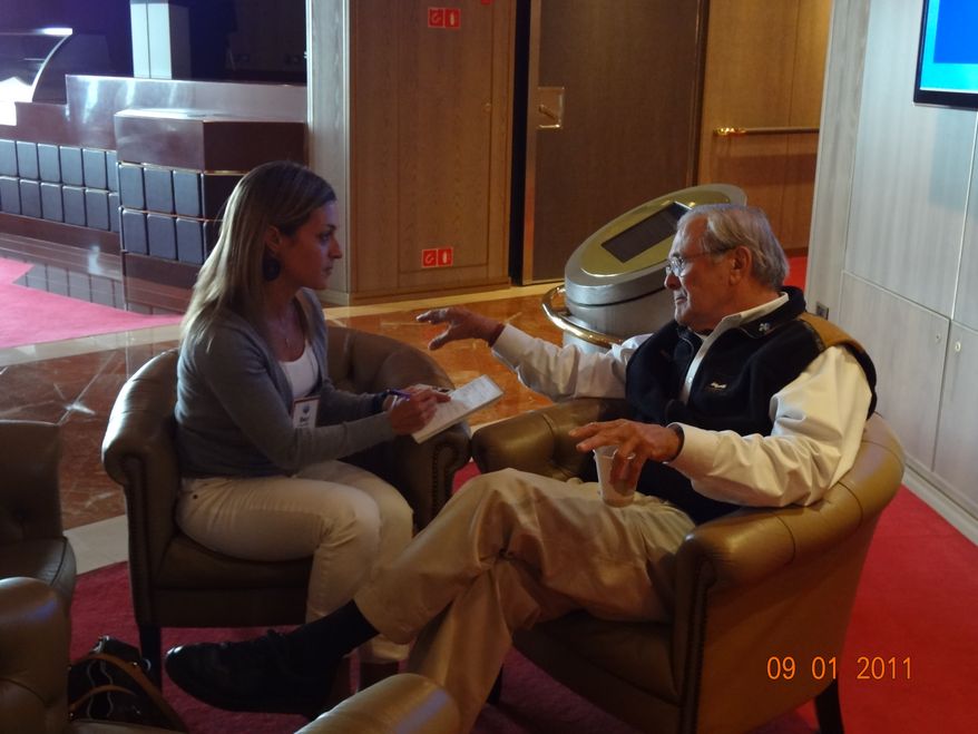 Donald H. Rumsfeld (right), secretary of defense in the George W. Bush administration is interviewed by The Washington Times's Emily Miller at CPAC Alaska 2011. (photo by Jo Anne Reed)