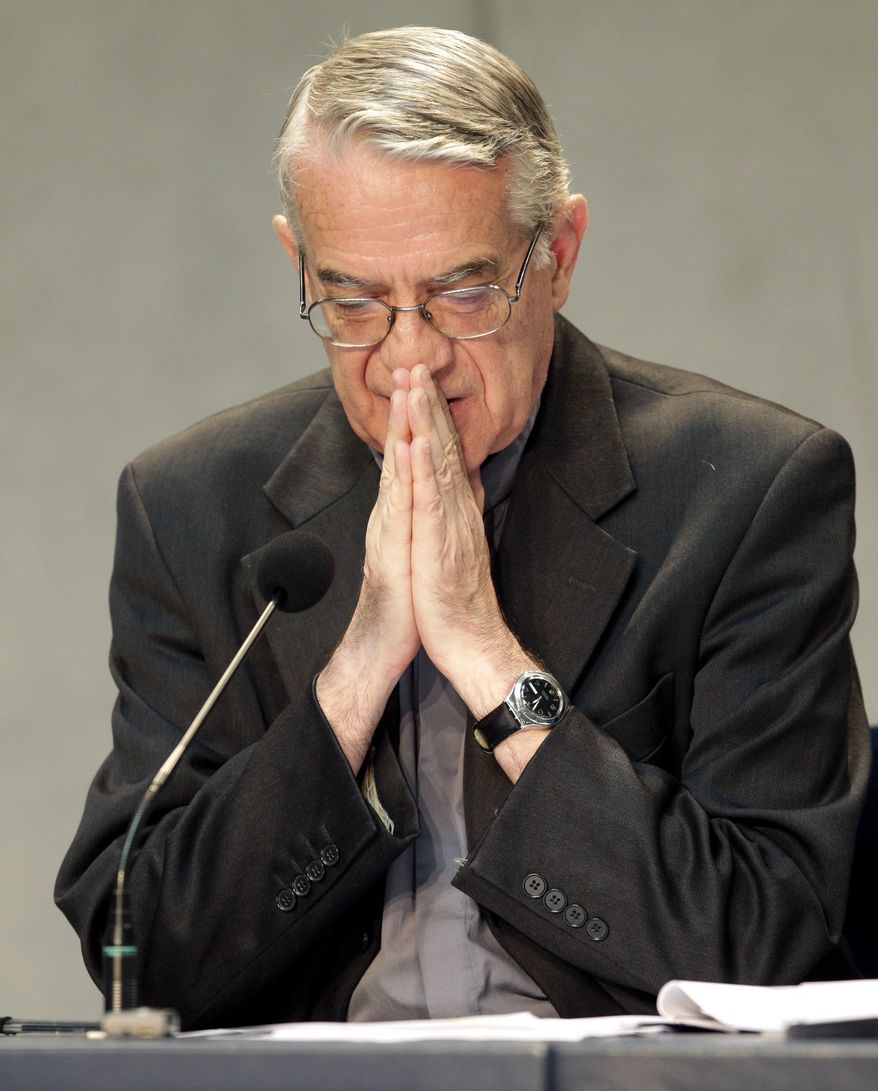 Vatican spokesman Father Federico Lombardi gestures speaks during a press conference at the Holy See Press Office, at the Vatican, Saturday, Sept. 2, 2011. (AP Photo/Pier Paolo Cito)