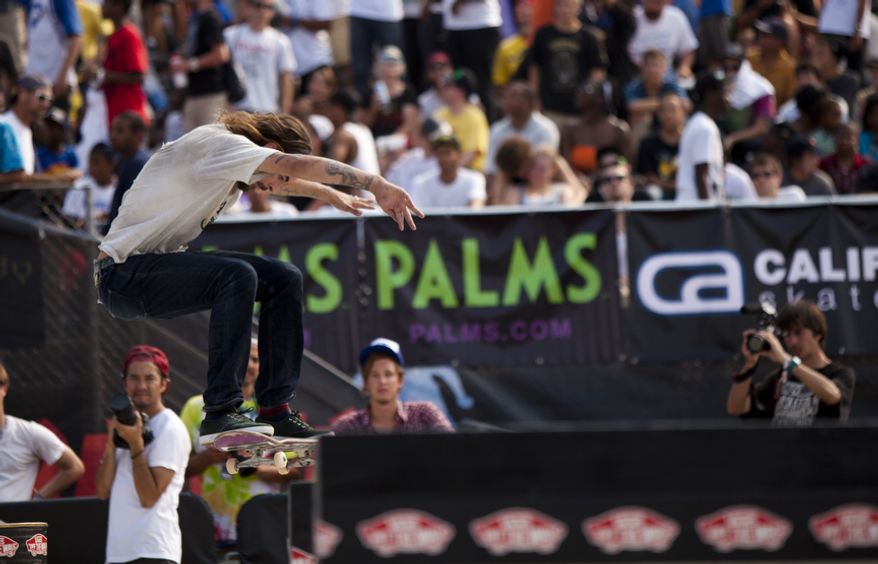 Justin Figueroa of Irvine, Calif., does a trick in midair during the final round of the competition. (Pratik Shah/The Washington Times)