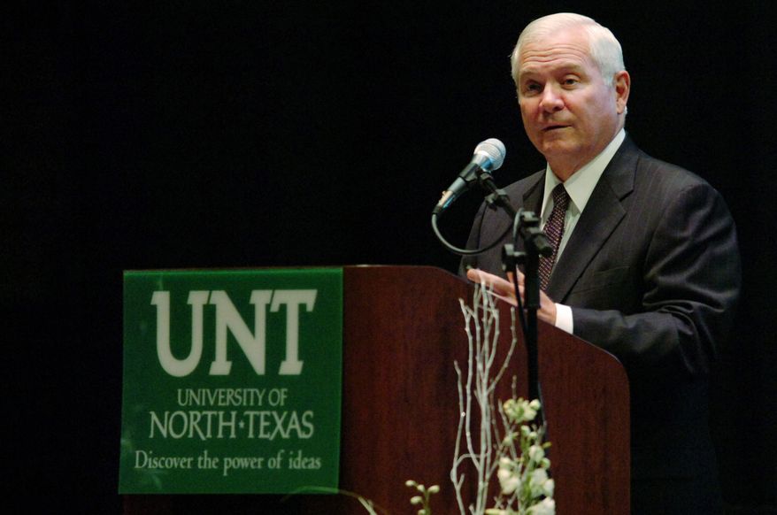 Former Defense Secretary Robert M. Gates speaks at the University of North Texas in Denton, Texas, on Wednesday, Sept. 7, 2011, as part of the school&#x27;s commemoration of the 10th anniversary of Sept. 11. (AP Photo/Denton Record-Chronicle, David Minton)