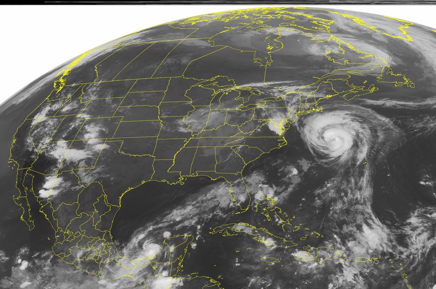 This NOAA satellite image taken on Sept. 9, 2011, at 01:45 a.m. EDT shows Hurricane Katia located about 360 miles northwest of Bermuda. (Associated Press/Weather Underground)