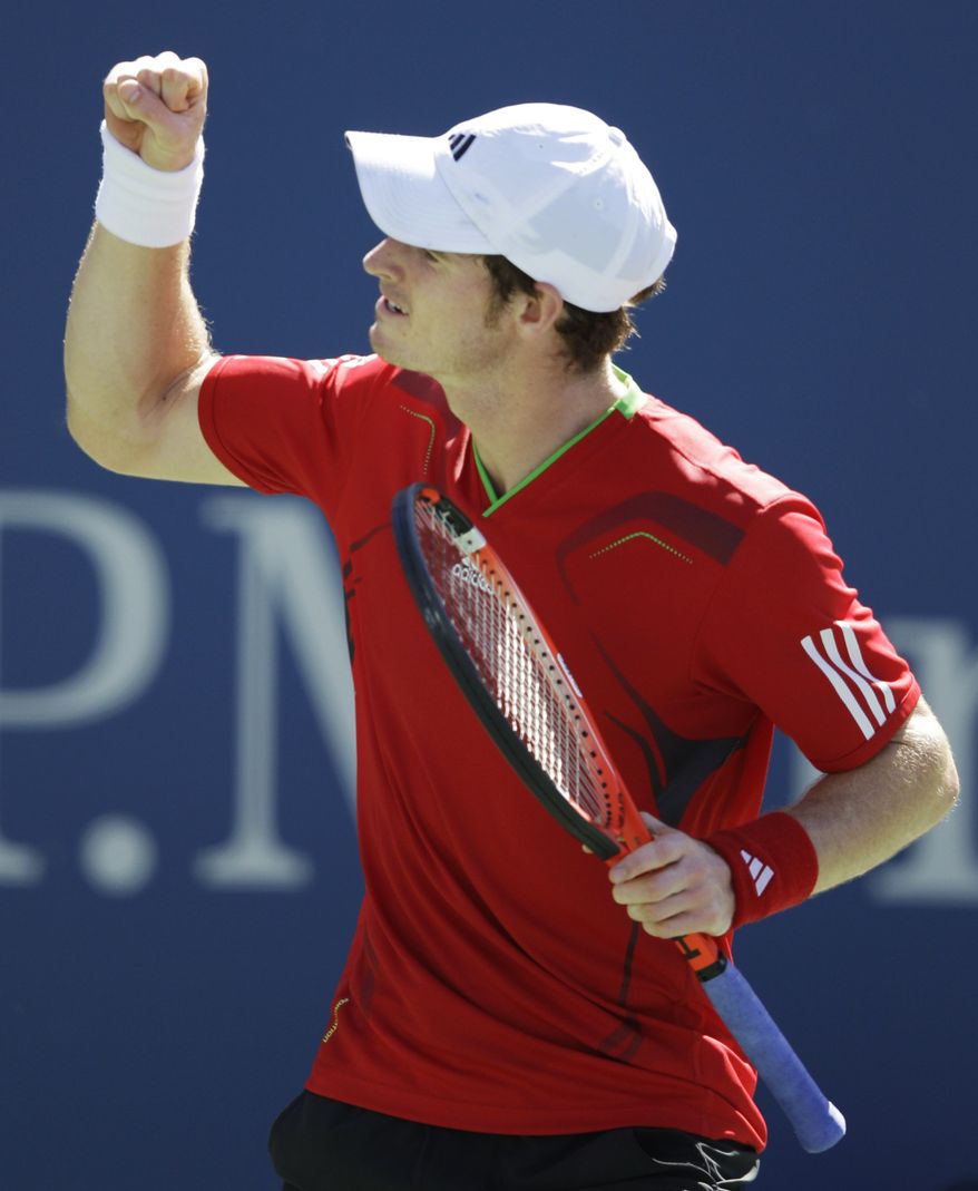 Andy Murray reacts after winning the second set against John Isner during during the U.S. Open quarterfinal match. Murray won 7-5, 6-4, 3-6, 7-6 (2) and will play Rafael Nadal or Andy Roddick on Saturday. (AP Photo/Matt Slocum)