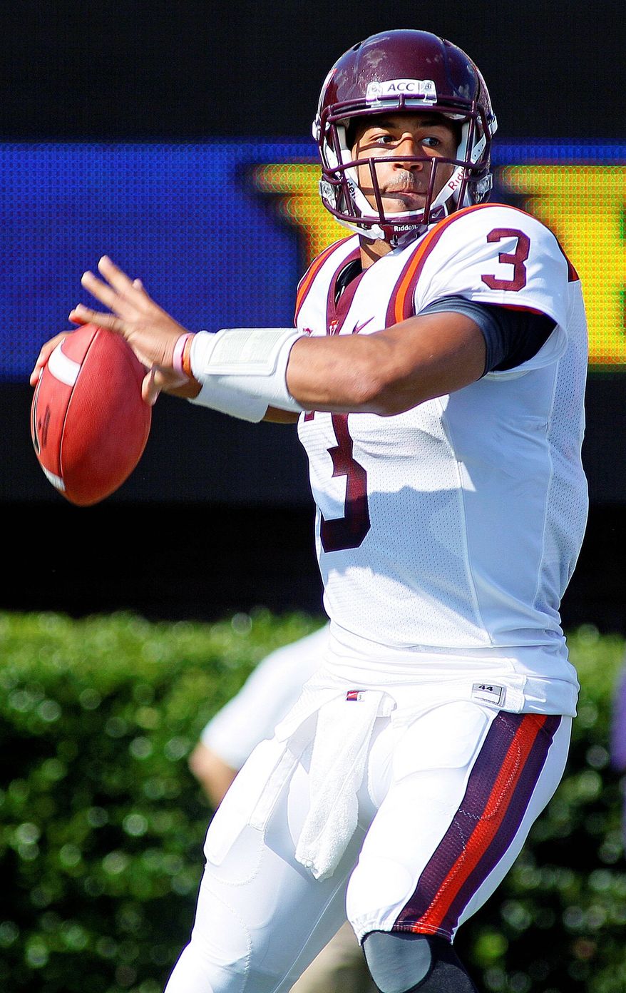 Virginia Tech sophomore QB Logan Thomas completed 8 of 20 passes for 91 yards against East Carolina. (Associated Press)