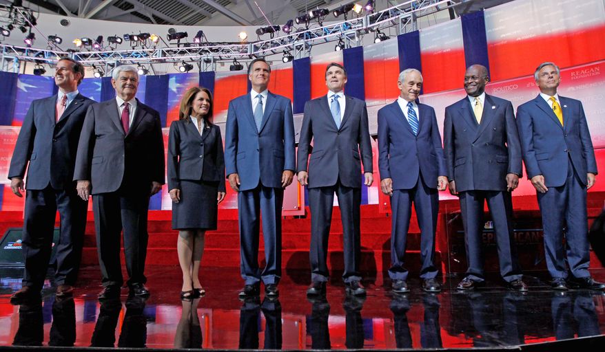 The Republican lineup in 2011 prior to the presidential debate at the Reagan Library in Simi Valley, Calif. From left: former Pennsylvania Sen. Rick Santorum; former House Speaker Newt Gingrich; Rep. Michele Bachmann, Minnesota Republican; former Massachusetts Gov. Mitt Romney; Texas Gov. Rick Perry; Rep. Ron Paul, Texas Republican; businessman Herman Cain; and former Utah Gov. Jon Huntsman Jr. (Associated Press/File)