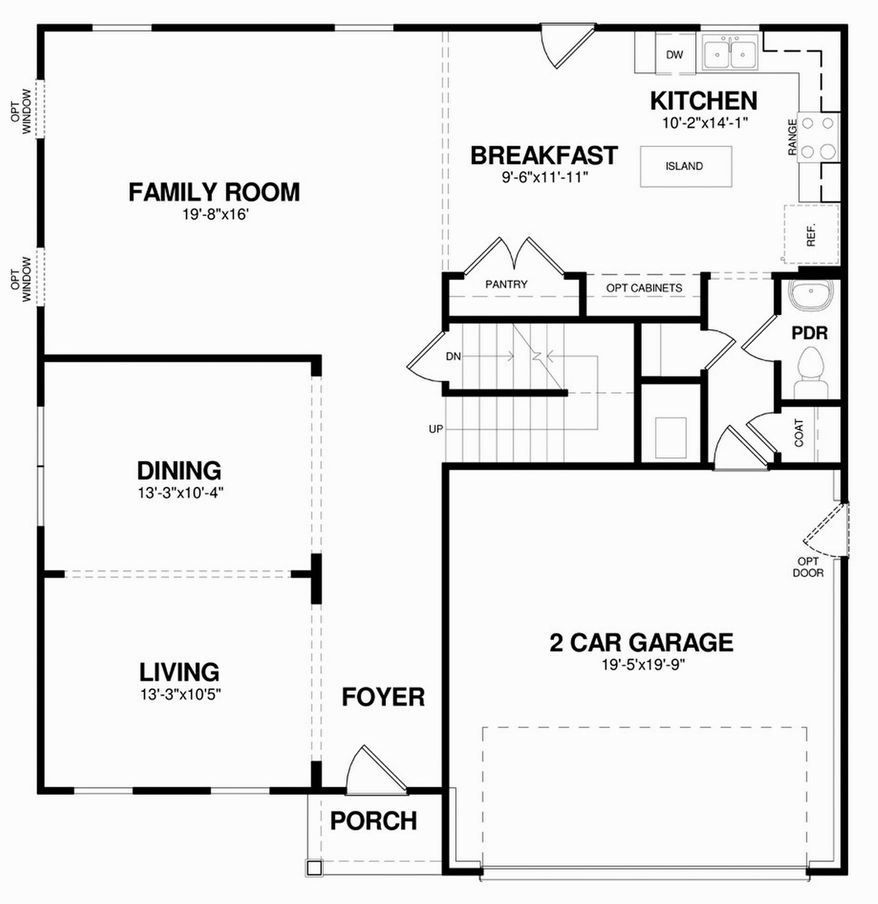 The Juniper model has an open floor plan across the back of the main level with a family room, breakfast area and center-island kitchen. Upstairs are three bedrooms, each with a walk-in closet.