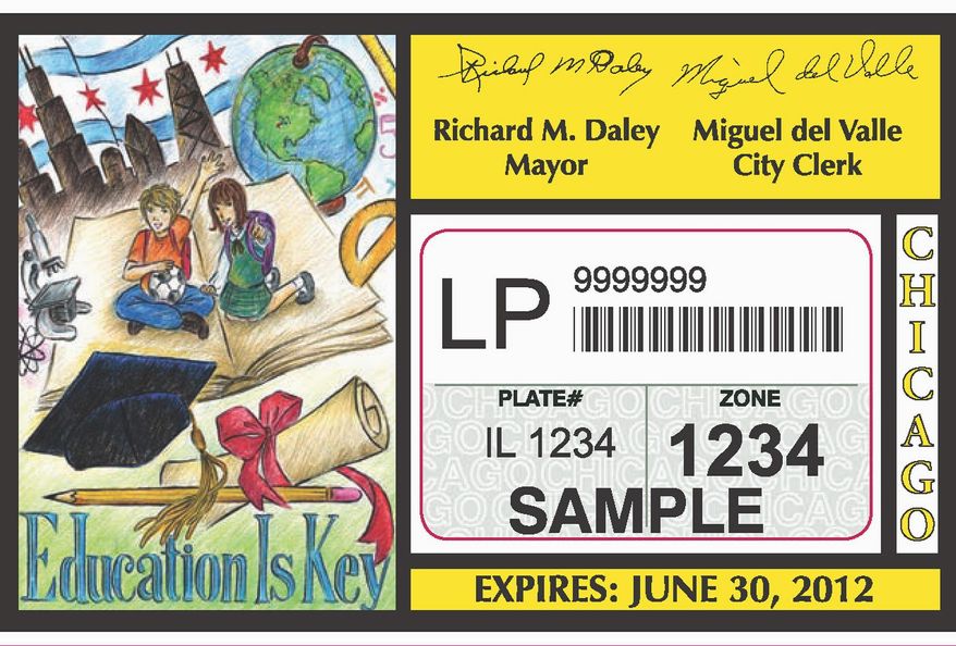 PHOTOGRAPH PROVIDED BY THE CITY OF CHICAGO
A sample "wheel tax" windshield sticker shows where advertising would go if the city adopts a proposal to solicit advertisements for the required stickers.