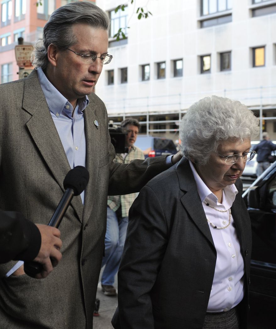 Dr. William Petit Jr. (left) and his mother, Barbara Petit, arrive at New Haven Superior Court in New Haven, Conn., on Monday, Sept. 19, 2011, for the first day of the trial of Joshua Komisarjevsky. (AP Photo/Jessica Hill)
