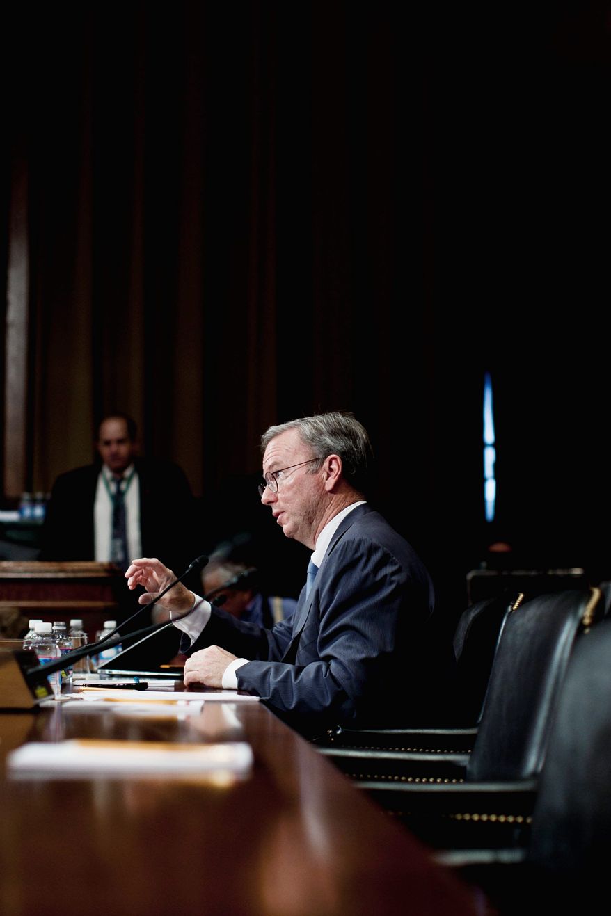 Google Executive Chairman Eric Schmidt testifies before the Senate's antitrust subcommittee Wednesday. Mr. Schmidt claimed Google is not as dominant in the marketplace as it seems. (T.J. Kirkpatrick/The Washington Times)